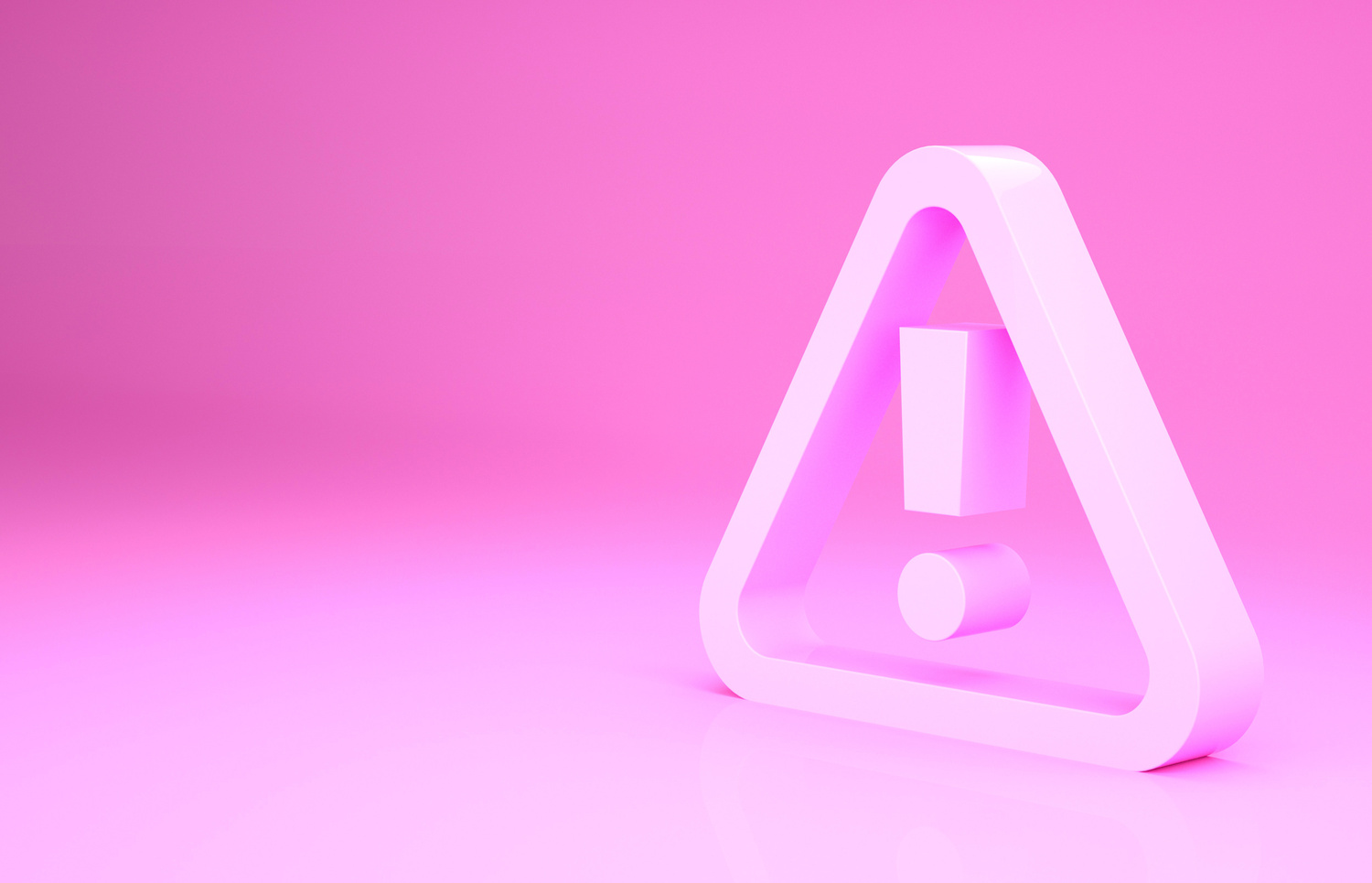 Pink Exclamation Mark in Triangle Icon Isolated on Pink Background. Hazard Warning Sign, Careful, Attention, Danger Warning Sign. Minimalism Concept. 3D Illustration 3D Render